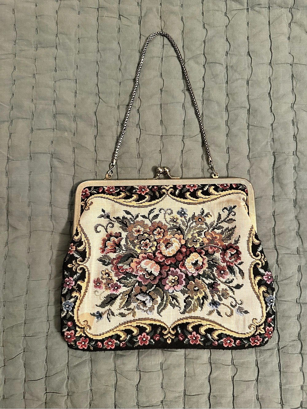 Vintage Floral Embroidered Frame Bag in Black